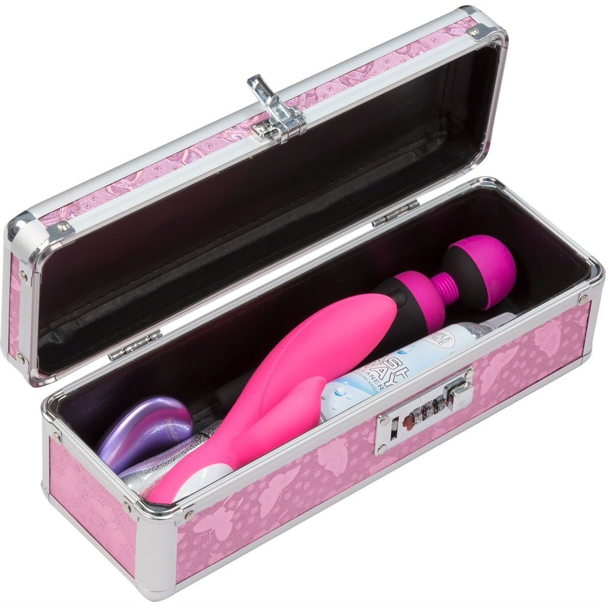 Lockable Medium Vibrator Case, Pink, Case Opened with Sex Toys Inside