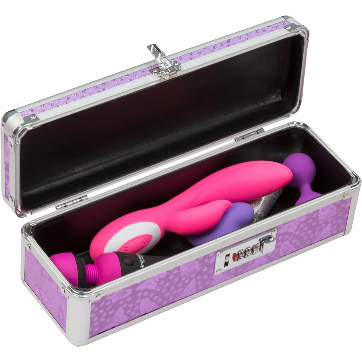Lockable Medium Vibrator Case, Purple, Case Opened with Sex Toys Inside