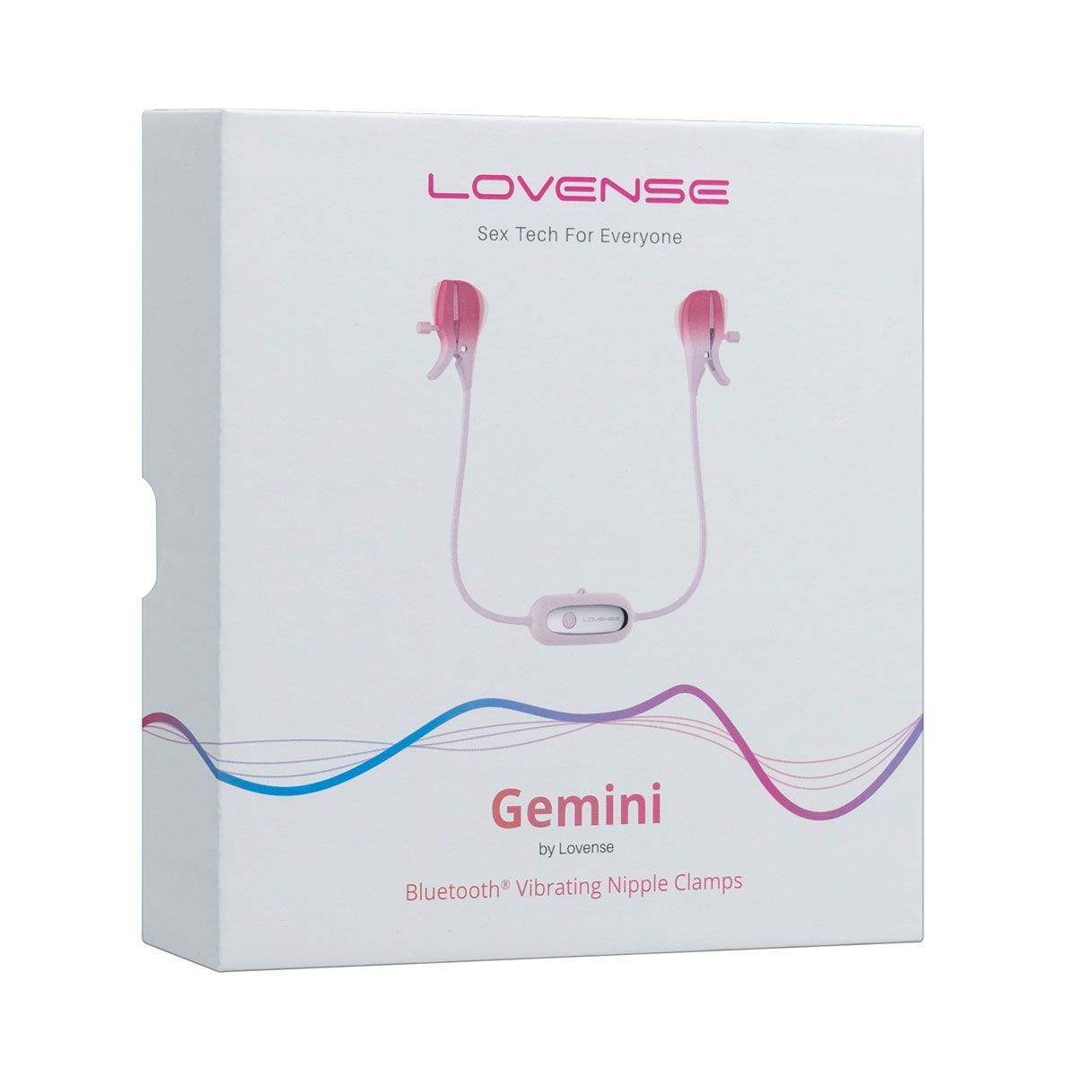 Lovense Gemini Vibrating Nipple Clamps, Product Box, Front Right Angle