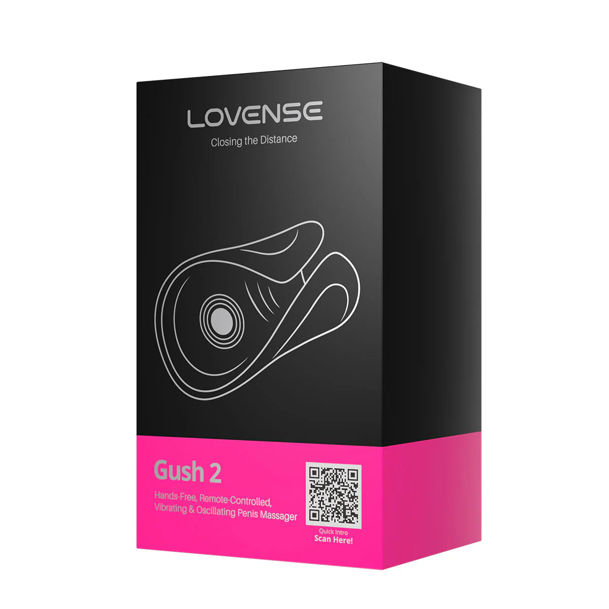 Lovense Gush 2 Vibrating & Oscillating Penis Massager, Product Box, Front Left Angle