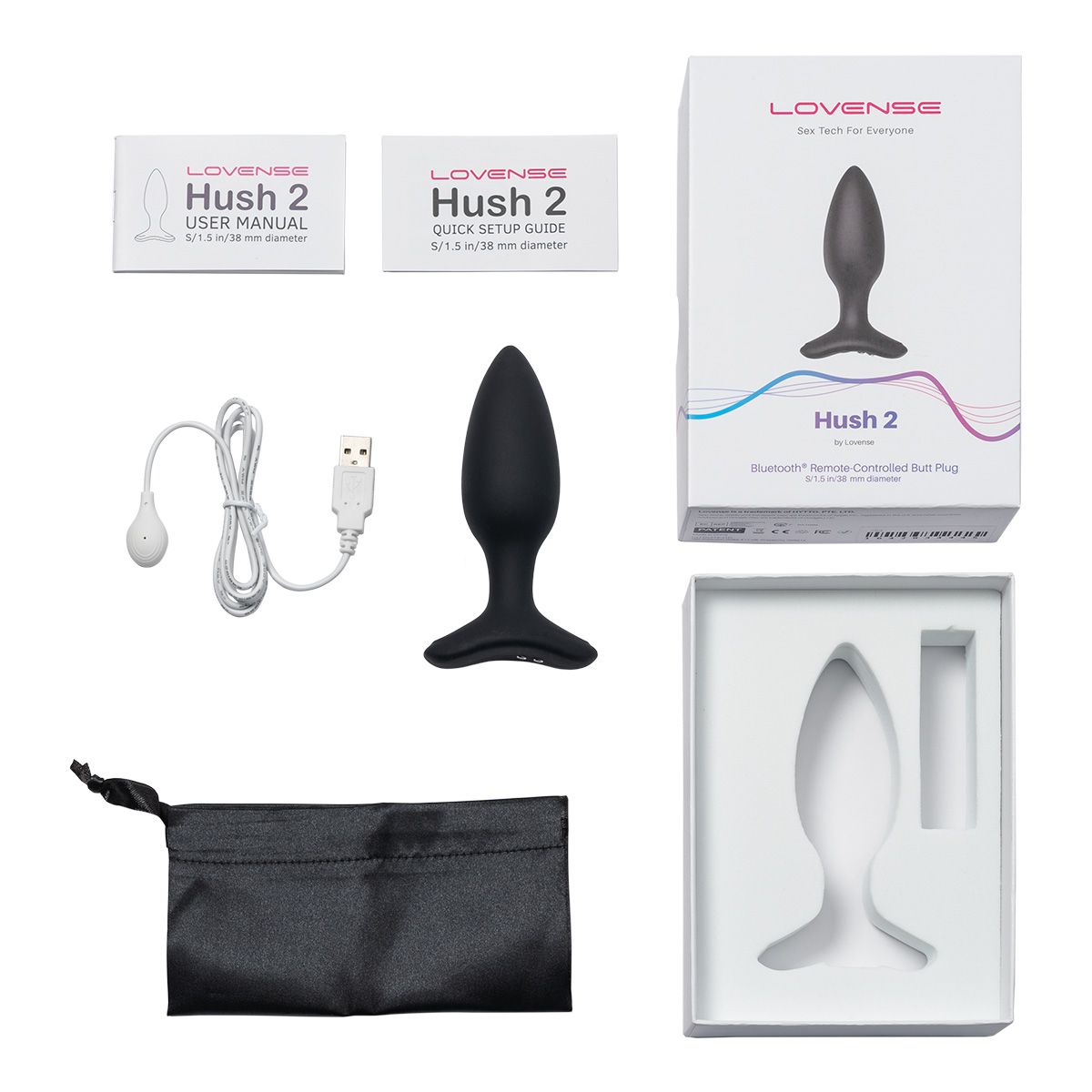 Lovense Hush 2 Vibrating Butt Plug, 1.5" Length, Box Contents