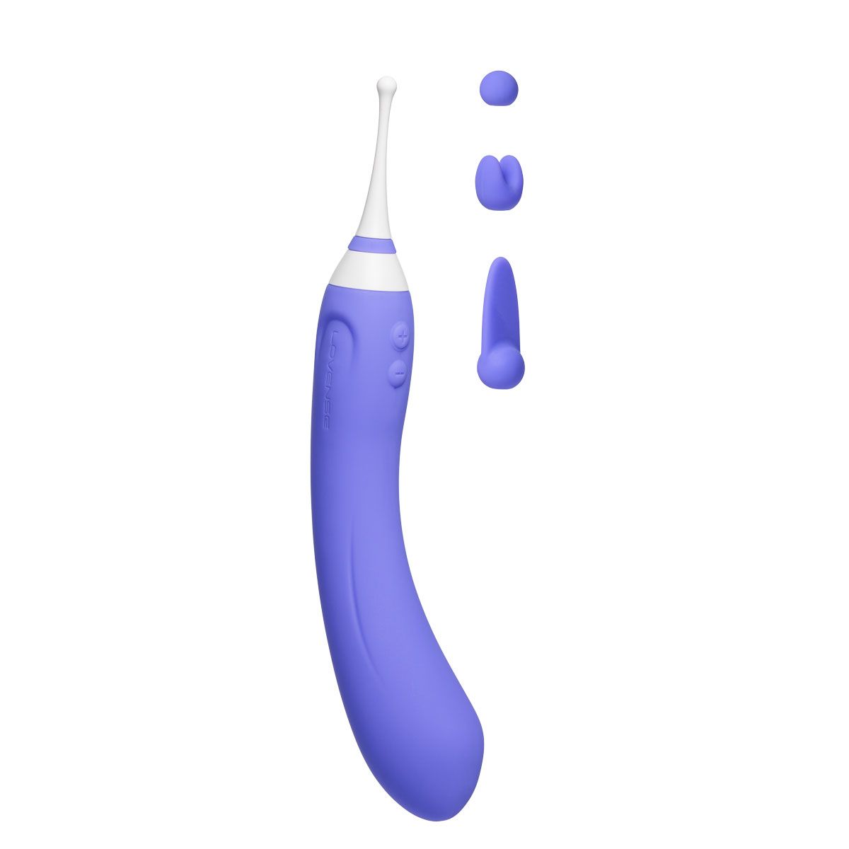 Lovense Hyphy Dual-End Vibrator showed with silicone head attachments on the side