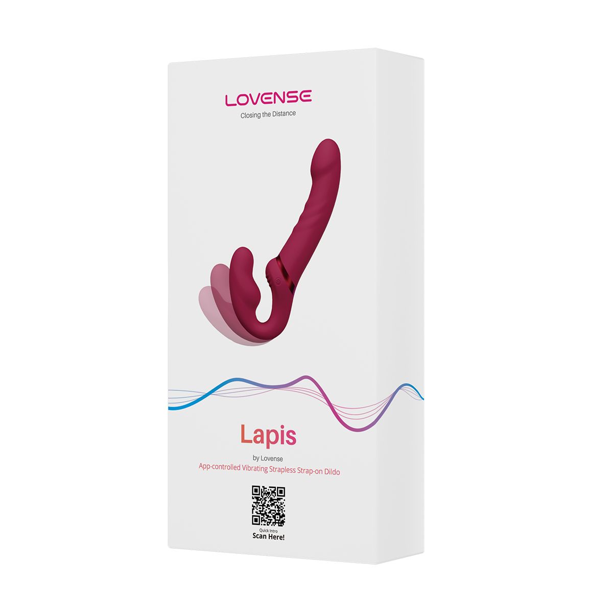 Lovense Lapis Vibrating Strapless Strap-On Dildo, Product Box, Front Left Angle