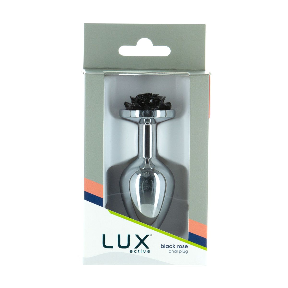 Lux Active Black Rose Butt Plug, Product Box, Front
