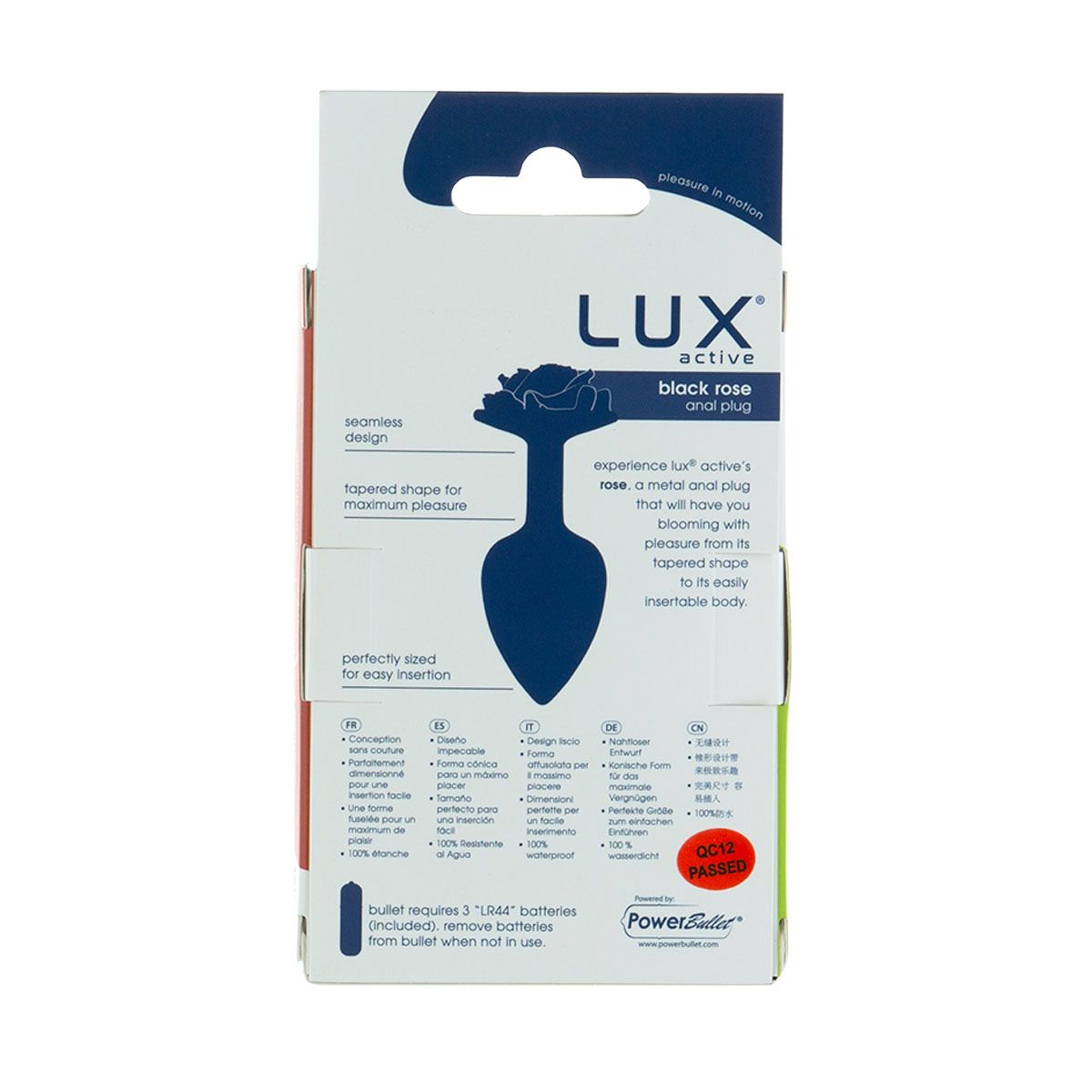Lux Active Black Rose Butt Plug, Product Box, Back