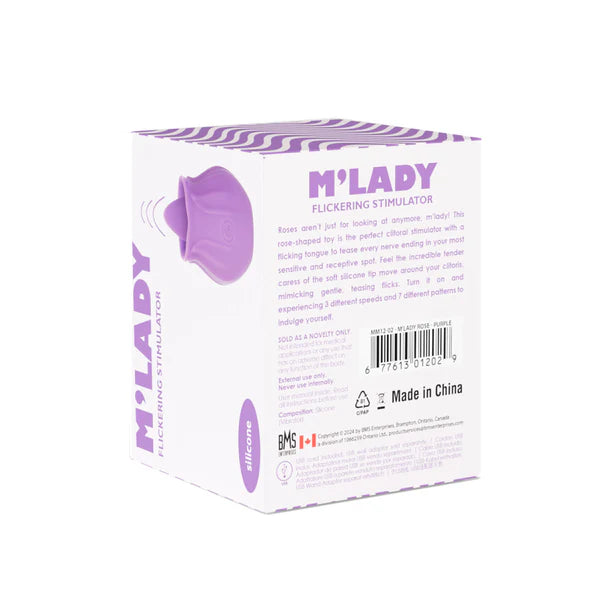 M'Lady Flickering Tongue Rose Clitoral Stimulator, Purple, Product Box, Back Left Angle