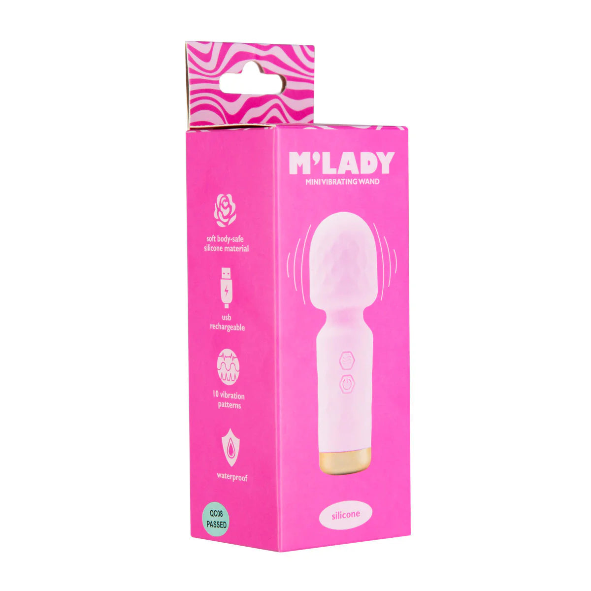 M'Lady Mini Vibrating Massage Wand, Pink, Product Box, Front Right Angle