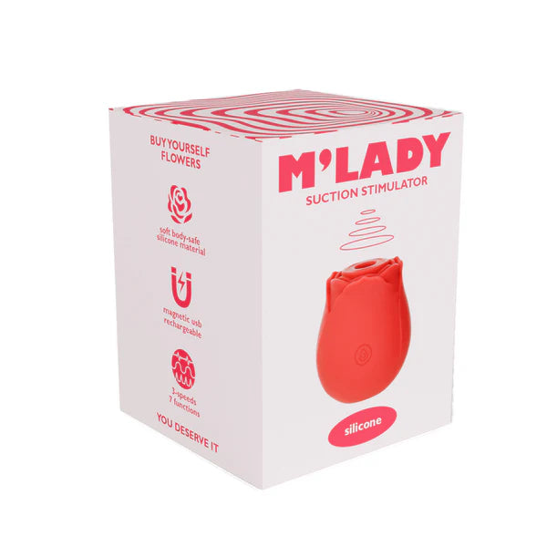 M'Lady Rose Clitoral Suction Stimulator, Red, Product Box, Front Left Angle