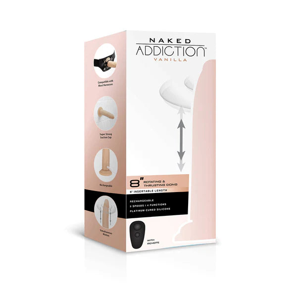 Naked Addiction 8-Inch Rotating & Thrusting Dildo, Vanilla, Product Box, Front Right Angle