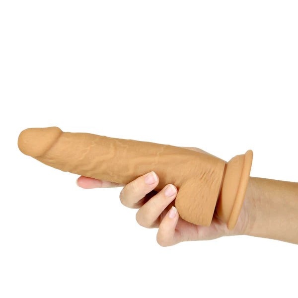 Naked Addiction 8-Inch Silicone Dildo, Caramel, Dildo Sideways in Right Hand