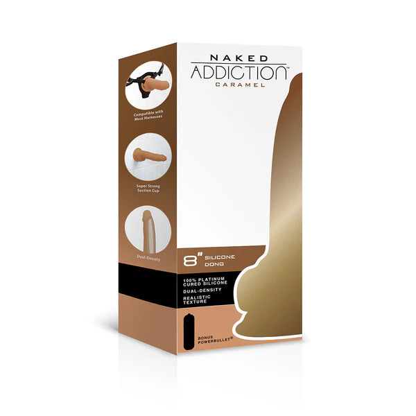 Naked Addiction 8-Inch Silicone Dildo, Caramel, Product Box, Front Angle