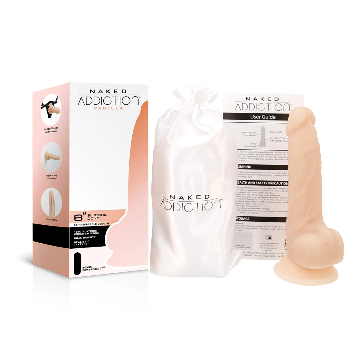 Naked Addiction 8-Inch Silicone Dildo, Vanilla, Box Contents