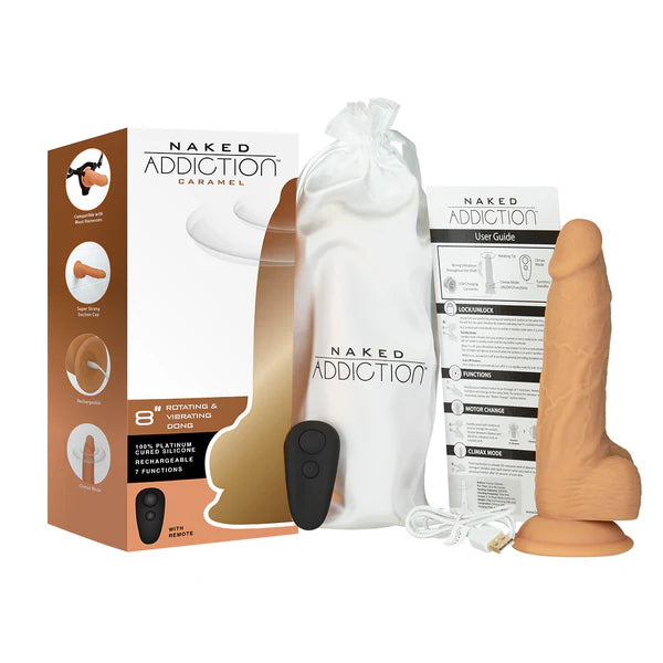 Naked Addiction 8-Inch Vibrating & Rotating Dildo, Caramel, Box Contents