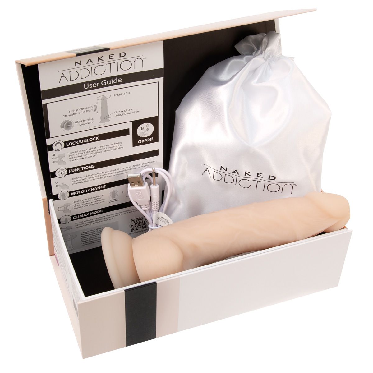 Naked Addiction 8-Inch Vibrating & Rotating Dildo, Vanilla, Dildo and Contents in Box