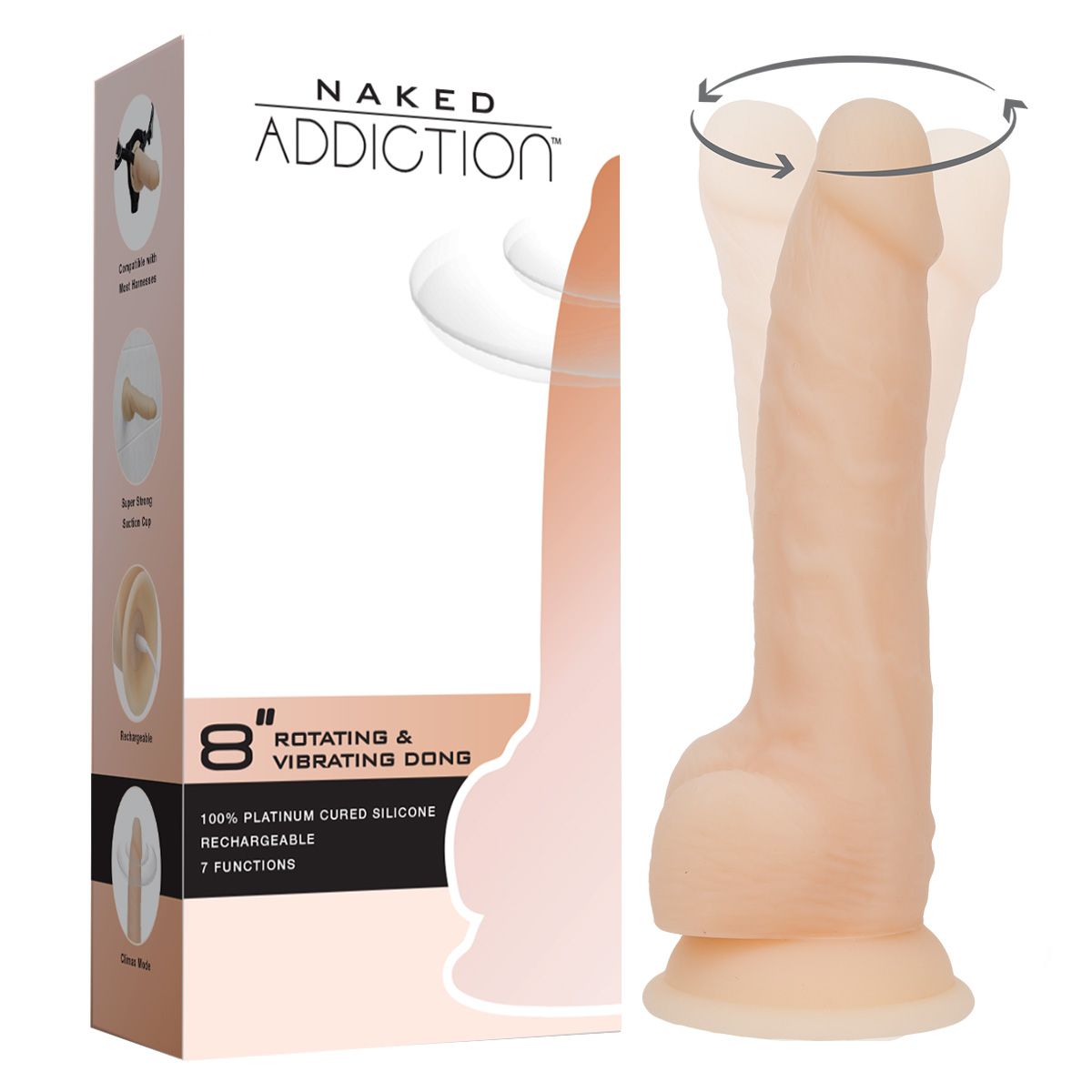 Naked Addiction 8-Inch Vibrating & Rotating Dildo, Vanilla, Product Box and Dildo