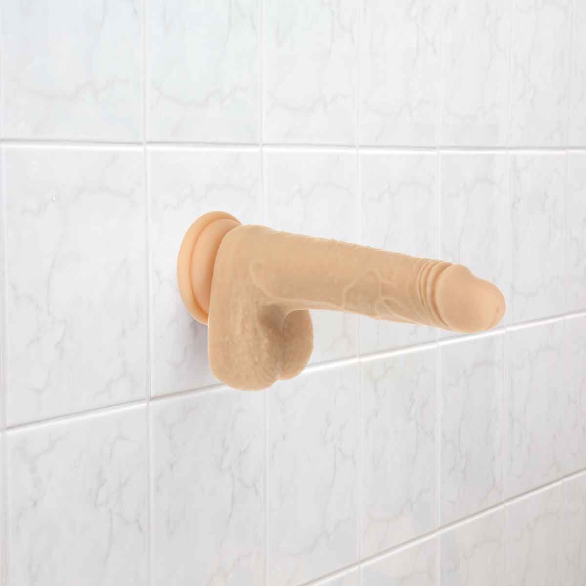 Naked Addiction Thrusting, Vibrating & Rotating 7.5-Inch Dildo with Remote, Product Suctioned to the Wall