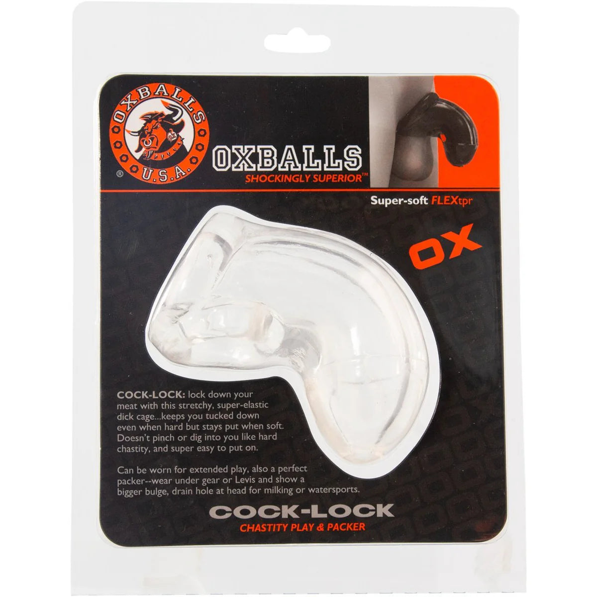 Oxball Atomic Jock Cock-Lock Cock Cage, Clear, Product Package, Front