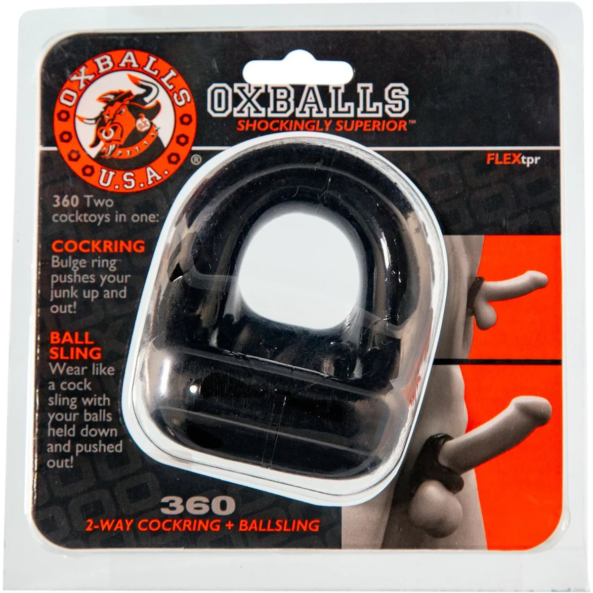 Oxballs 360 2-Way Cock Ring & Ball Sling, Black, Product Package, Front