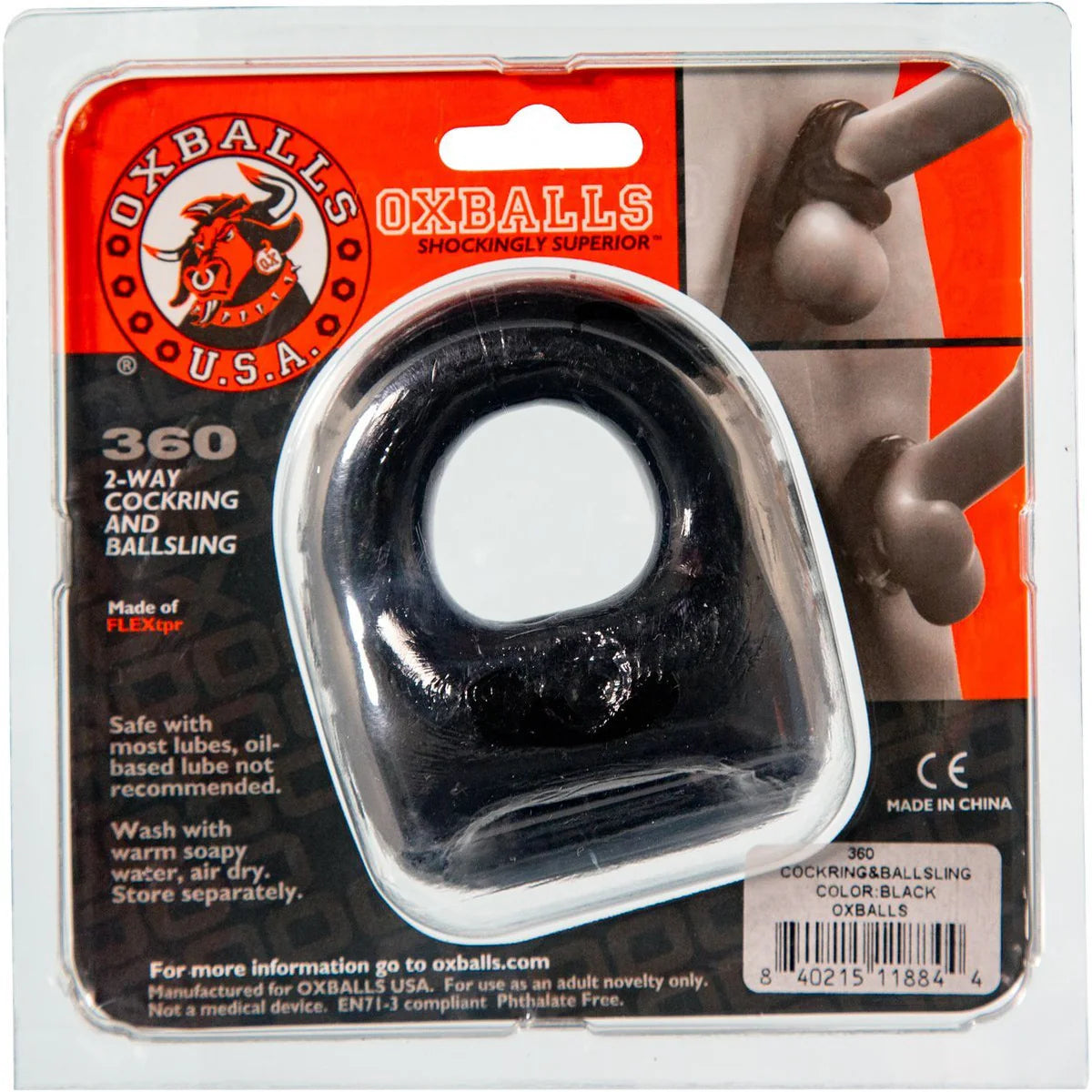 Oxballs 360 2-Way Cock Ring & Ball Sling, Black, Product Package, Back