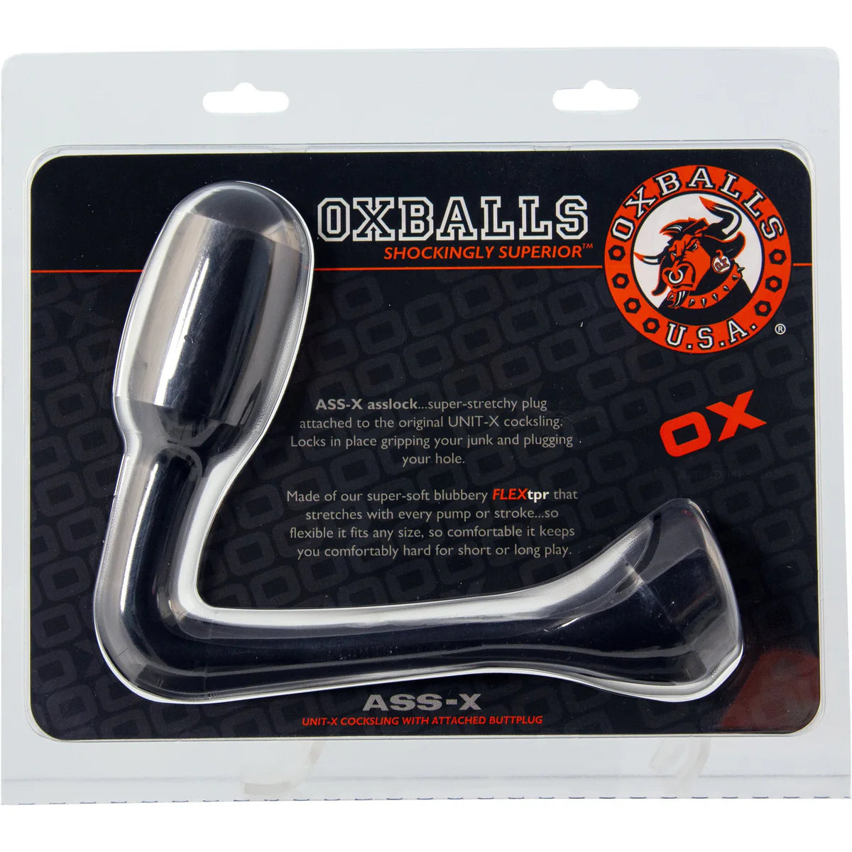 Oxballs Ass-X Ass Lock Cock Sling & Butt Plug, Black, Product Package, Front