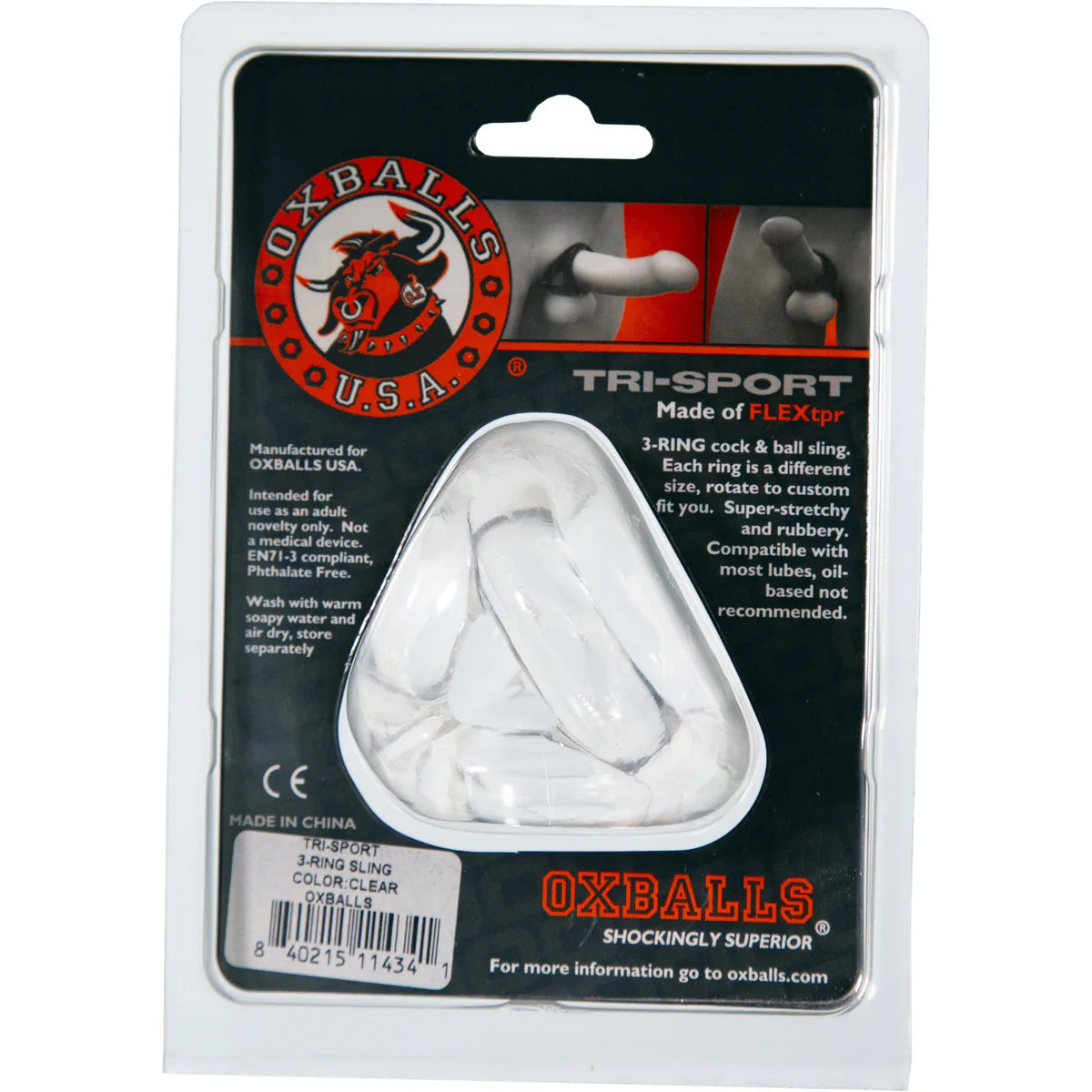 Oxballs Atomic Jock Tri-Sport 3-Ring Cocksling, Clear, Product Package, Back
