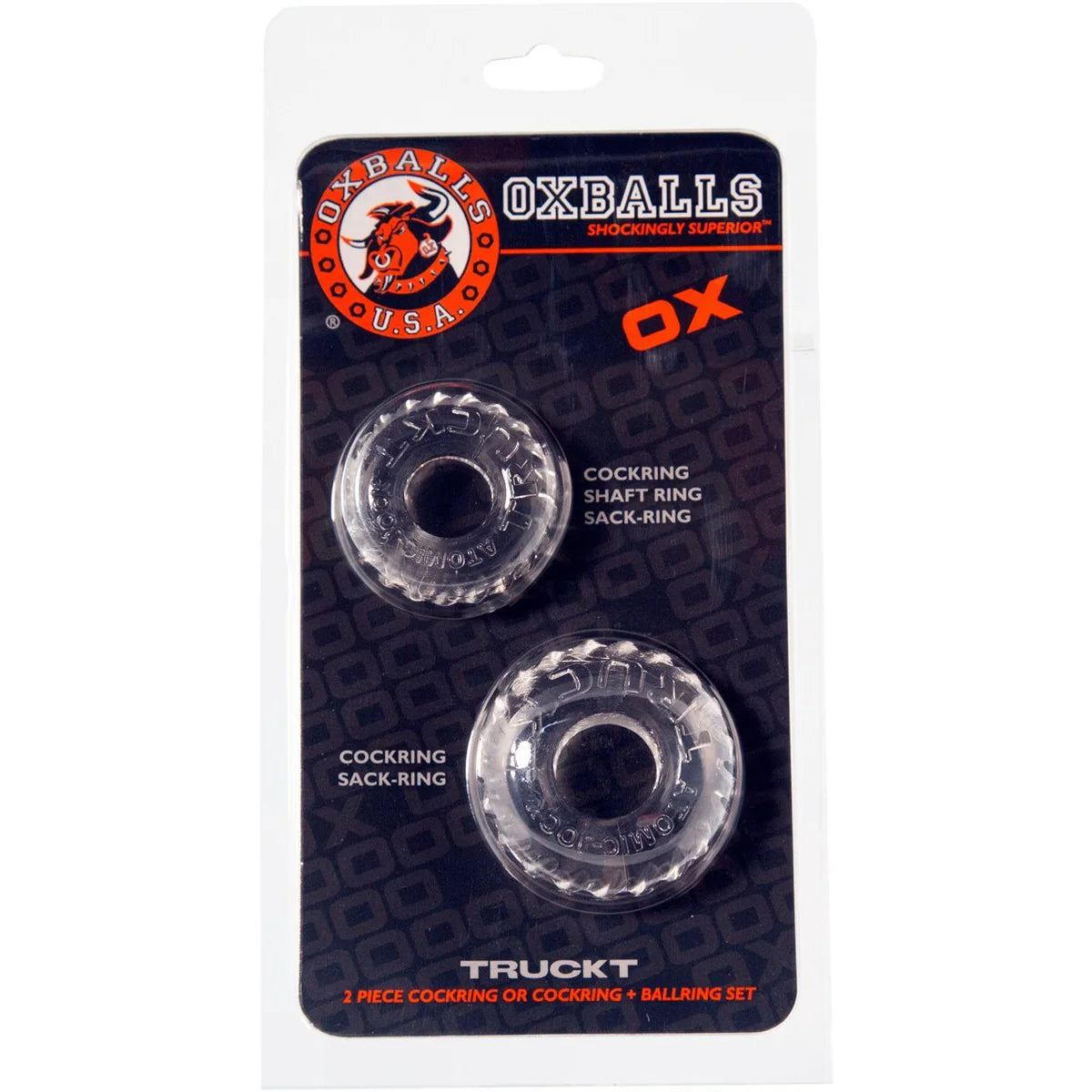 Oxballs Atomic Jock Truckt 2-Piece Cock Rings, Clear, Product Package, Front