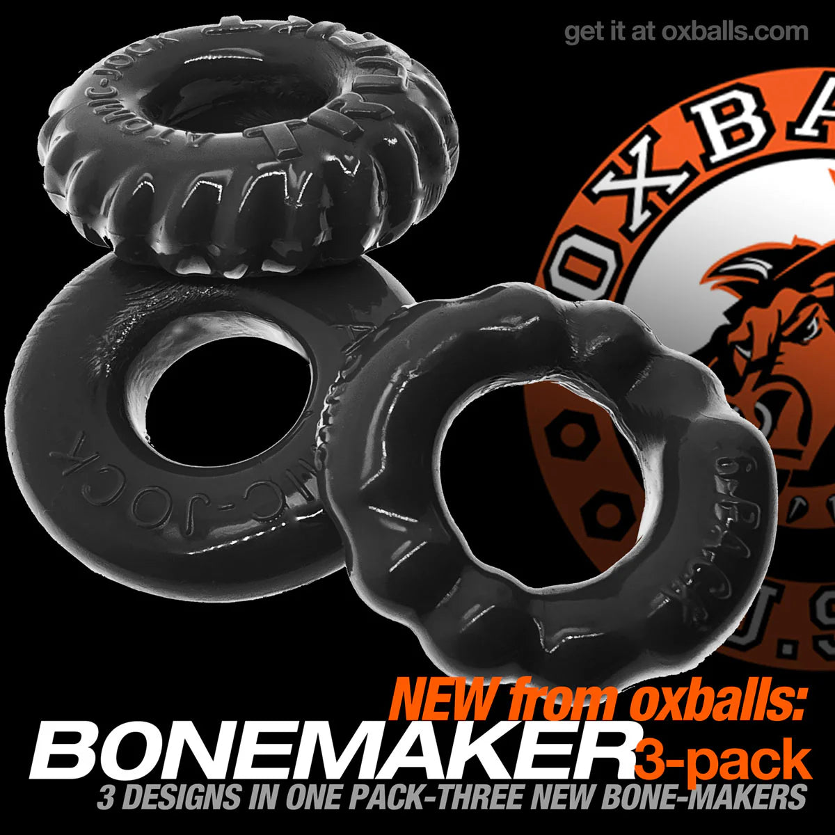 Oxballs Bonemaker 3-Pack Cock Rings, Black, Cock Ring Features