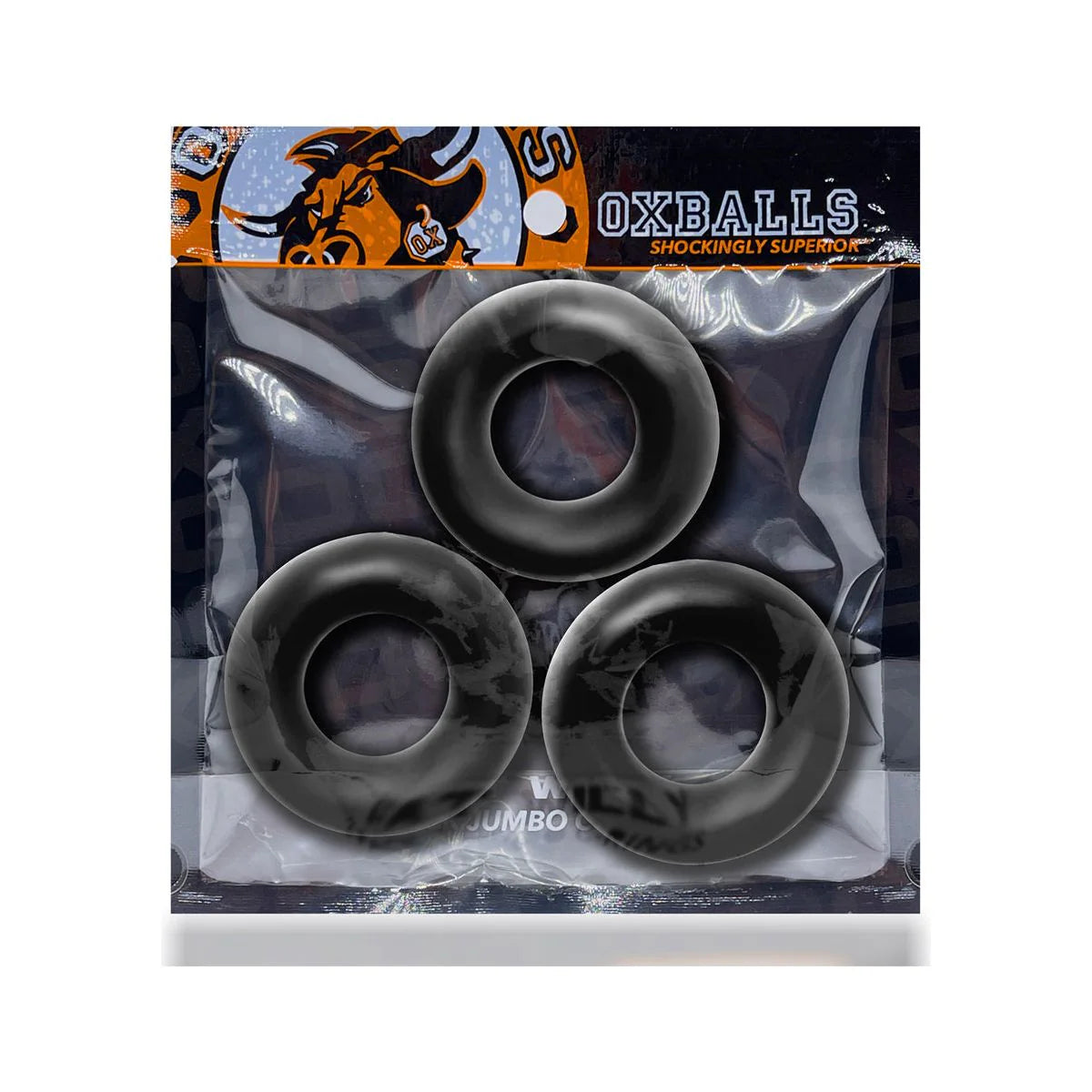 Oxballs Fat Willy 3-Pack Jumbo Cock Rings, Black, Product Package, Front