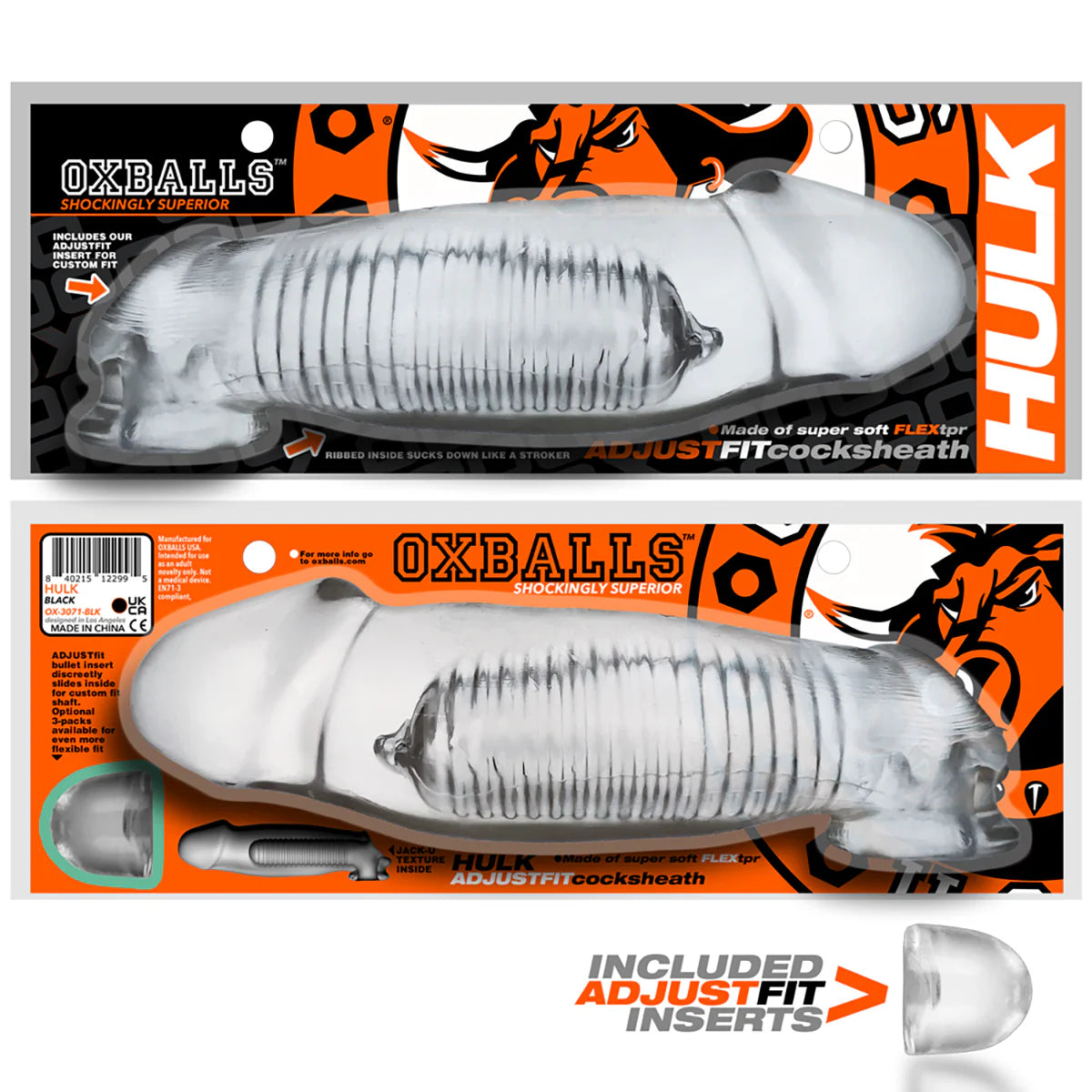 Oxballs Hulk AdjustFit Cock Sheath, Clear, Product Package, Front & Back