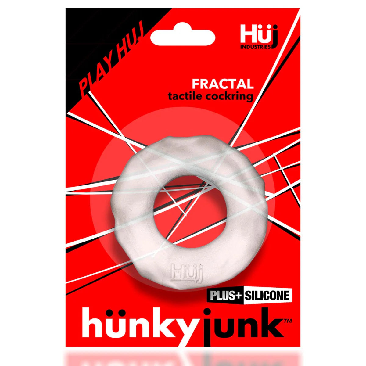 Oxballs Hunky Junk Fractal Tactile Cock Ring, Clear Ice, Product Package, Front