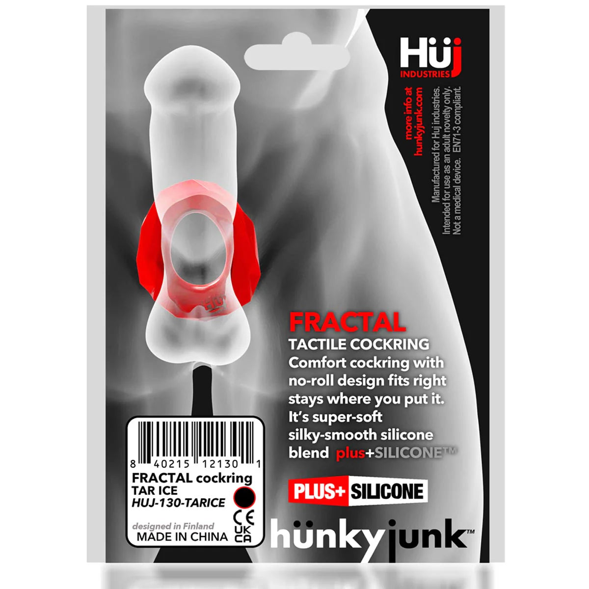 Oxballs Hunky Junk Fractal Tactile Cock Ring, Clear Ice, Product Package, Back