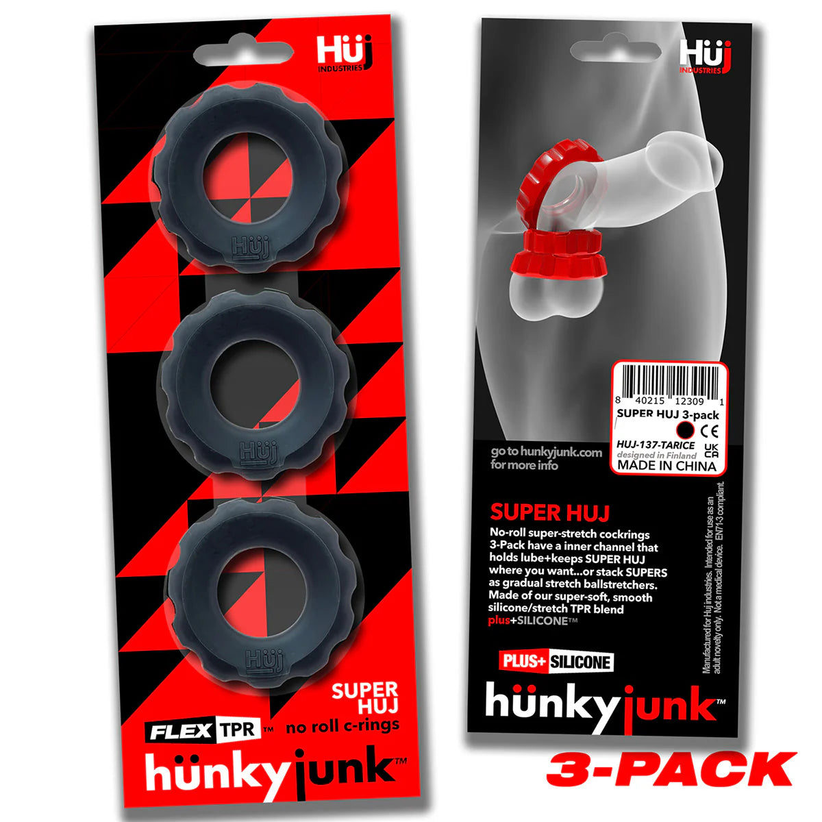 Oxballs Hunky Junk Super Huj Cock Rings, Black, Product Package, Front & Back