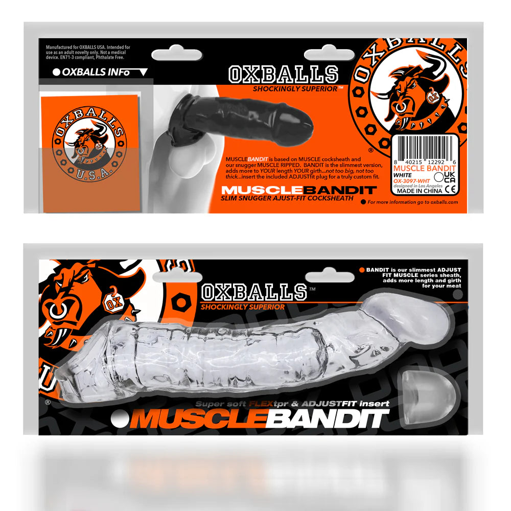 Oxballs Muscle Bandit Slim Snugger Adjust-Fit Cock Sheath, Clear, Product Package, Front & Back