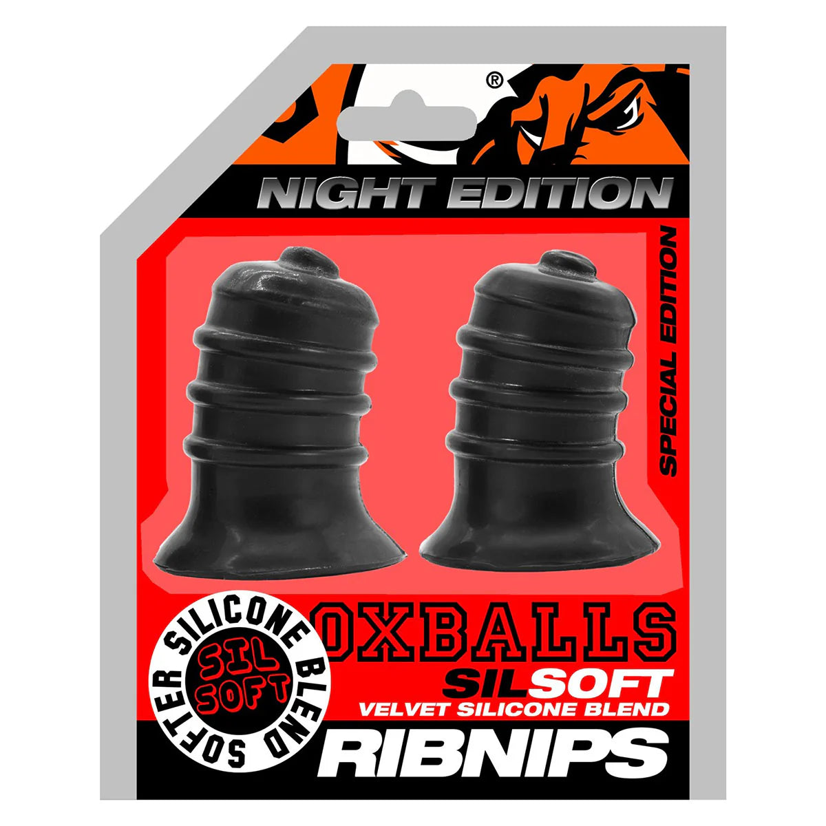 Oxballs RibNips Curved Springy Ribbed Nipple Suckers, Black, Product Package, Front