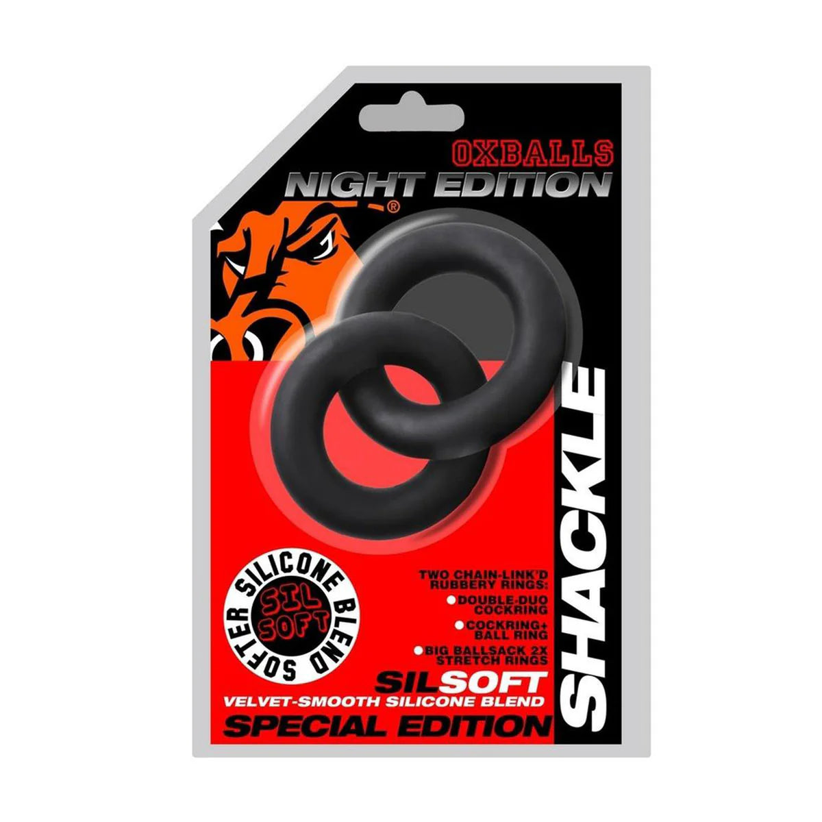 Oxballs Shackle Double Link'd Cock & Ball Rings, Black, Product Package, Front