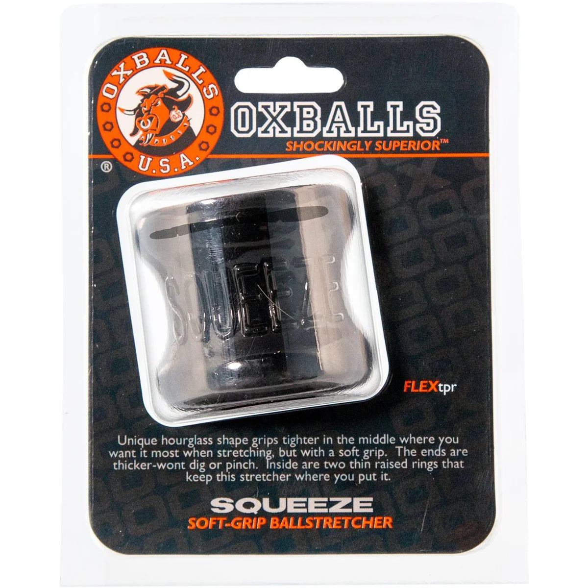 Oxballs Squeeze Soft-Grip Ball Stretcher, Black, Product Package, Front