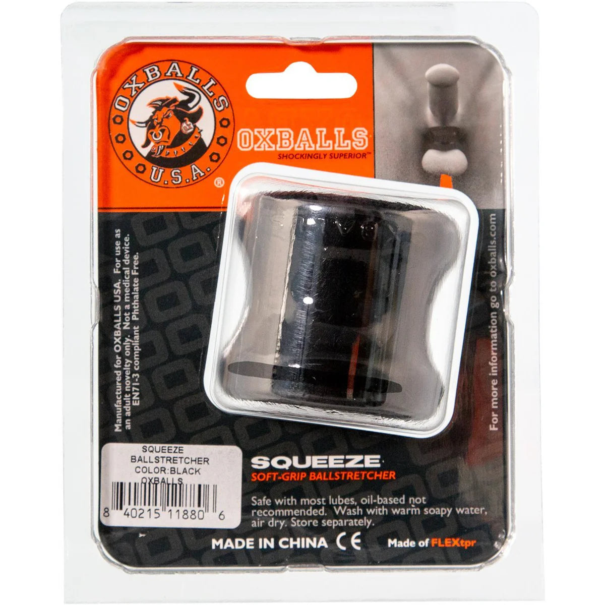 Oxballs Squeeze Soft-Grip Ball Stretcher, Black, Product Package, Back
