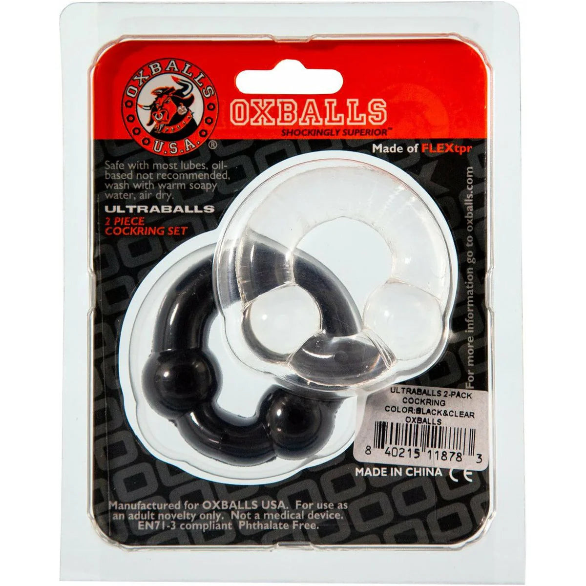 Oxballs Ultraballs 2-Piece Cock Rings, Clear & Black, Product Package, Back