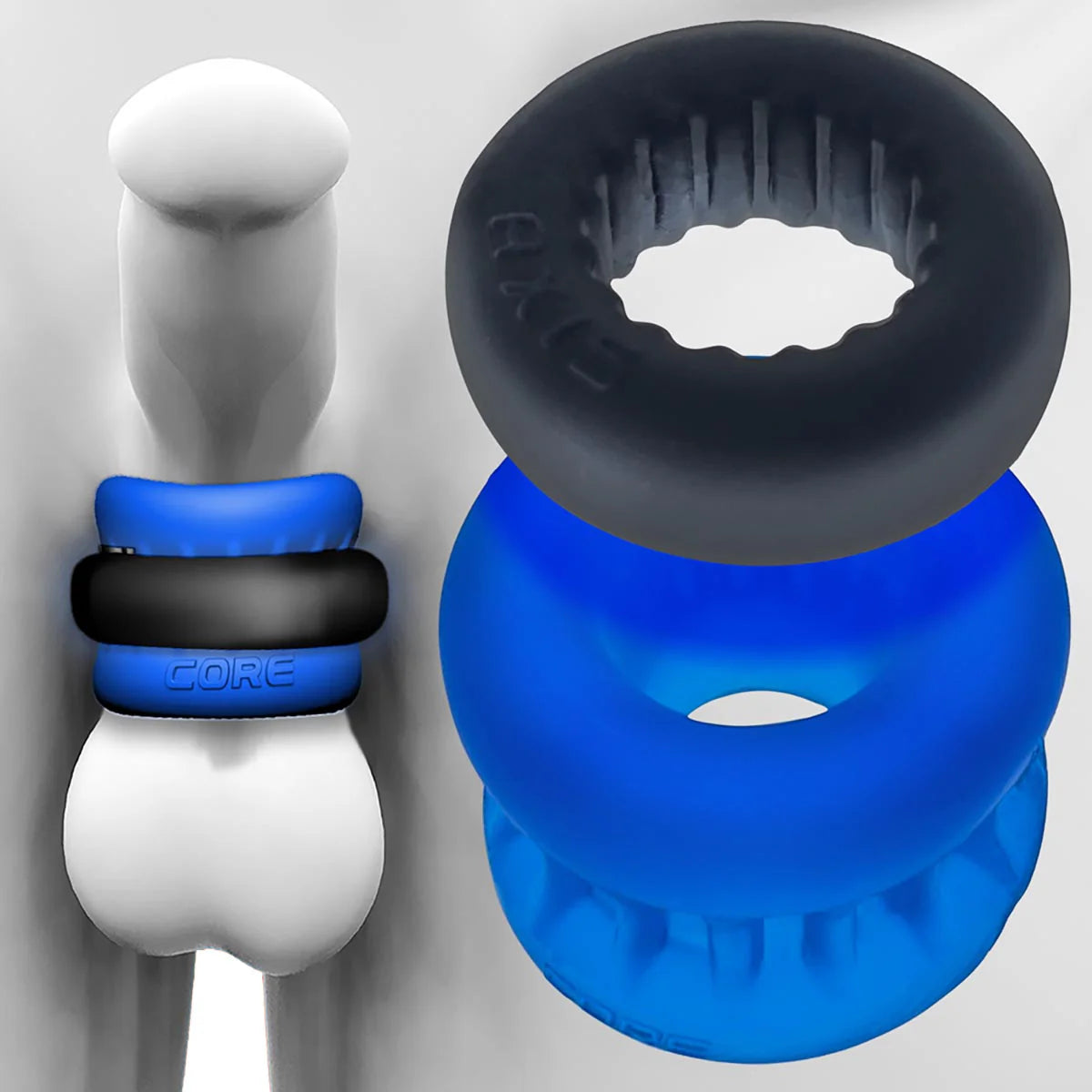 Oxballs Ultracore Ball Sretcher & Power Lock Ring, Blue, Ball Stretcher on Dildo