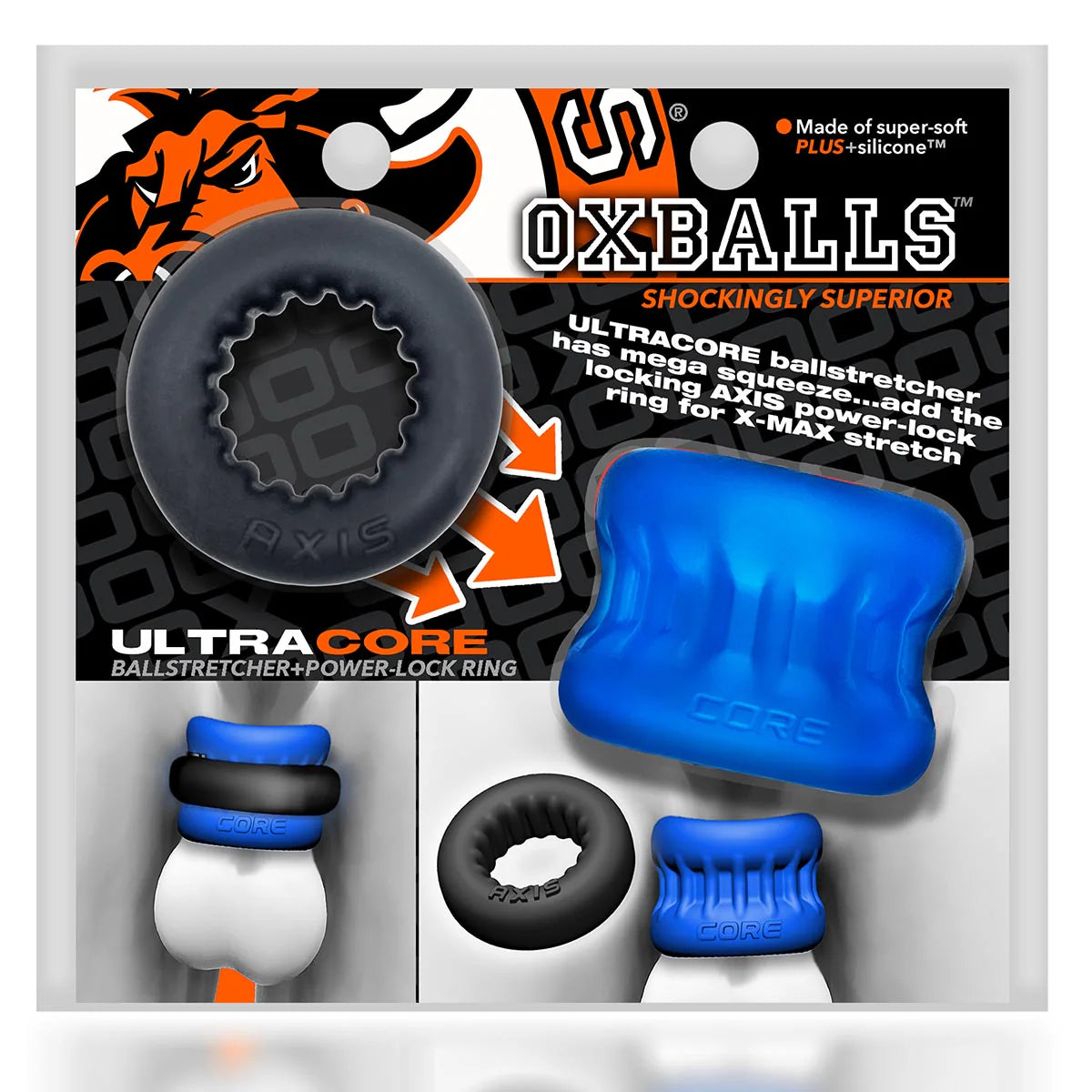 Oxballs Ultracore Ball Sretcher & Power Lock Ring, Blue, Product Package, Front