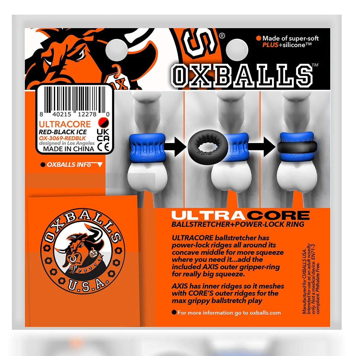 Oxballs Ultracore Ball Sretcher & Power Lock Ring, Blue, Product Package, Back