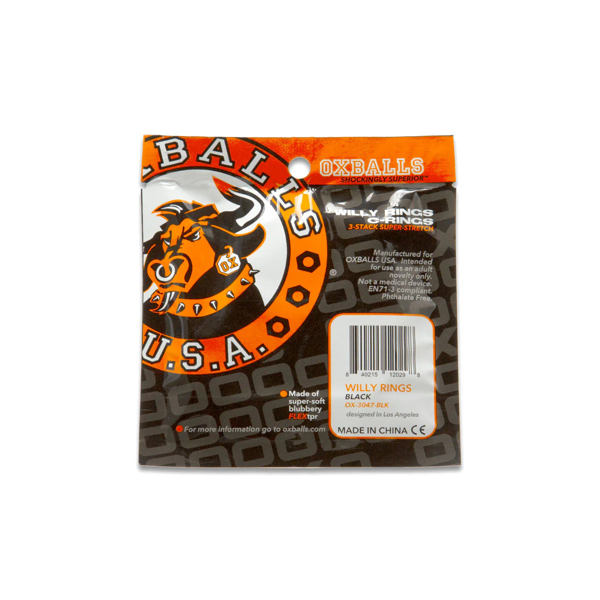 Oxballs Willy Rings 3-Stack Super-Stretch Cock Rings, Black, Product Package, Back