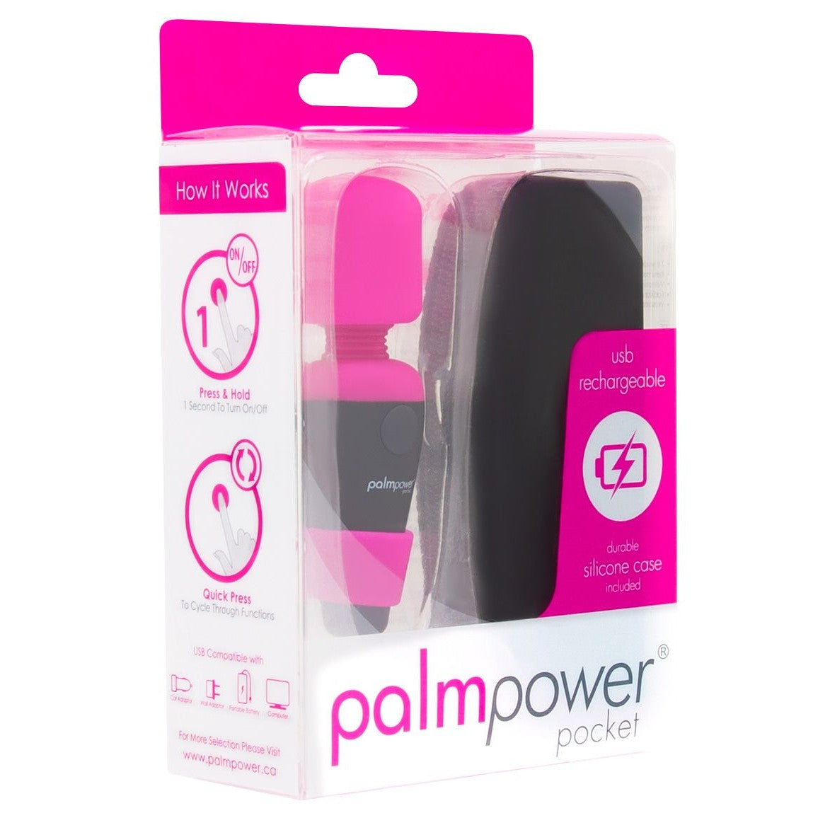 PalmPower Pocket Mini Wand Vibrator, Fuchsia, Product Package, Front Angle
