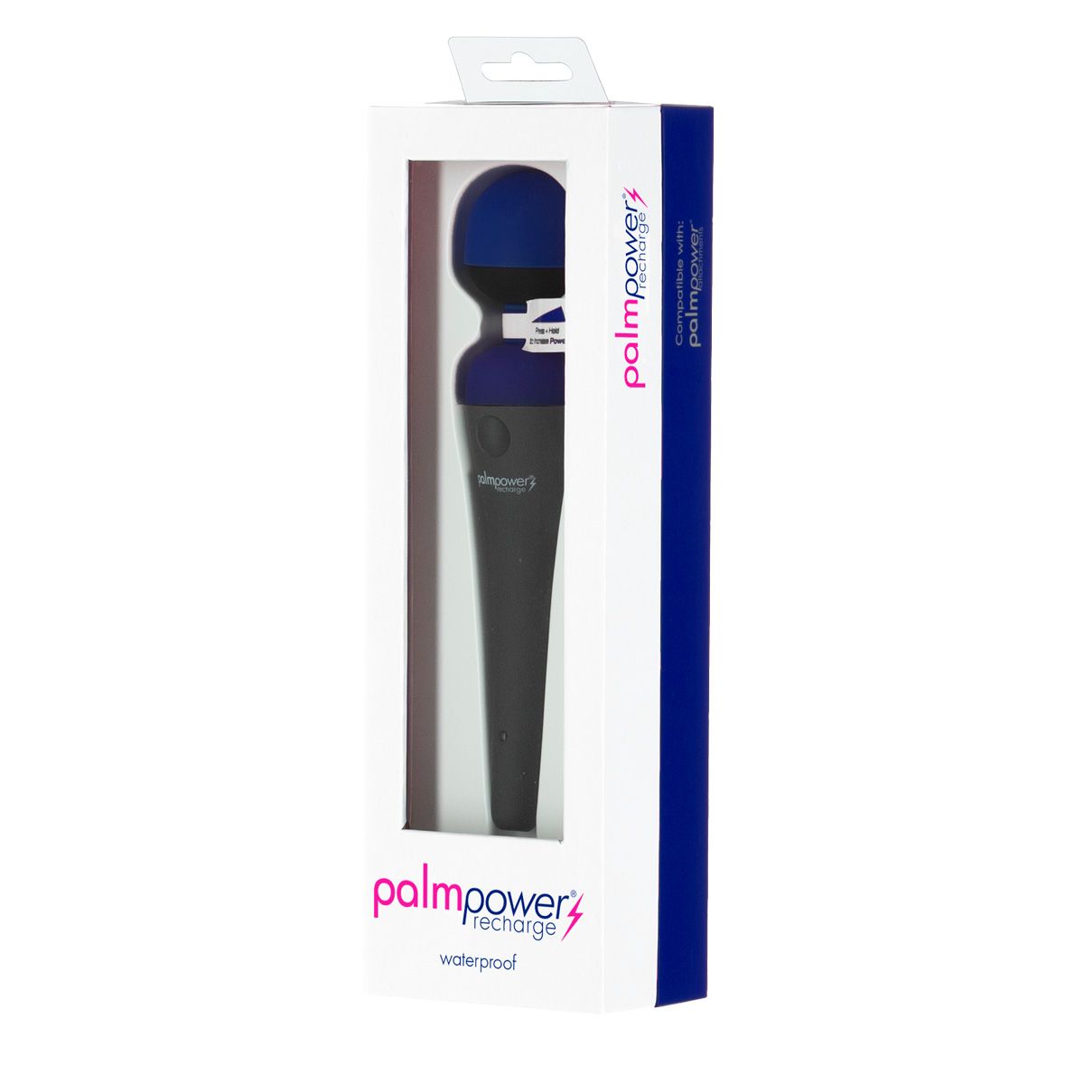 PalmPower Recharge Wand Vibrator, Blue, Product Box, Front Left Angle