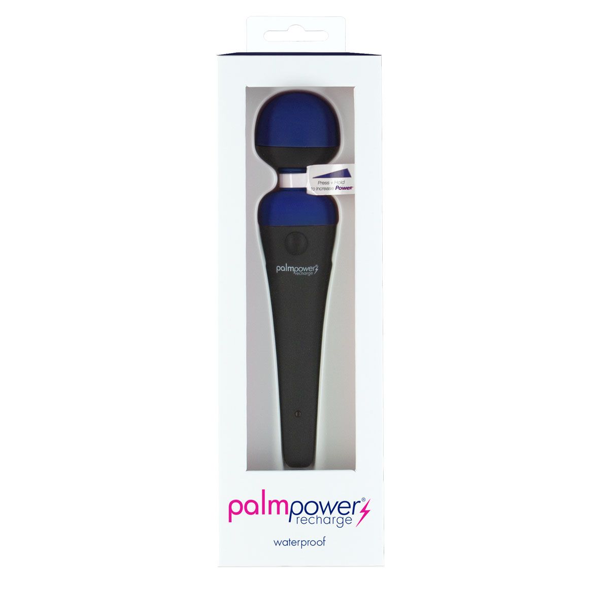 PalmPower Recharge Wand Vibrator, Blue, Product Box, Front View
