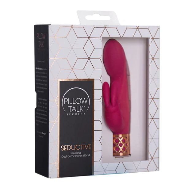 Pillow Talk Secrets Seductive Come Hither Rabbit Vibrator, Fuchsia, Product Box, Front Right Angle