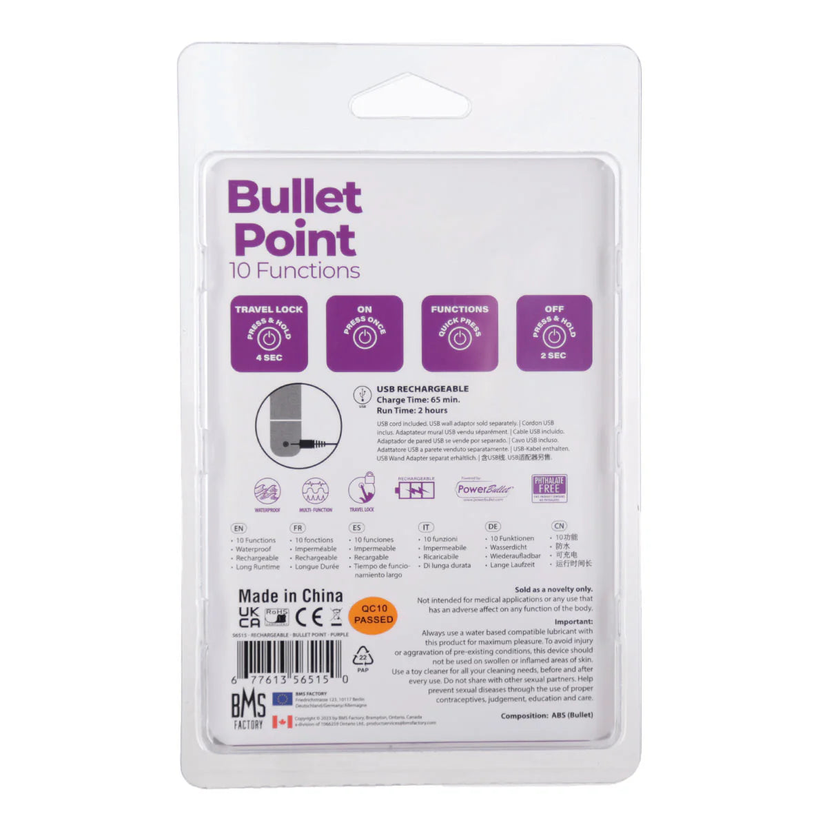 PowerBullet Bullet Point Vibrator, Purple, Product Package, Back