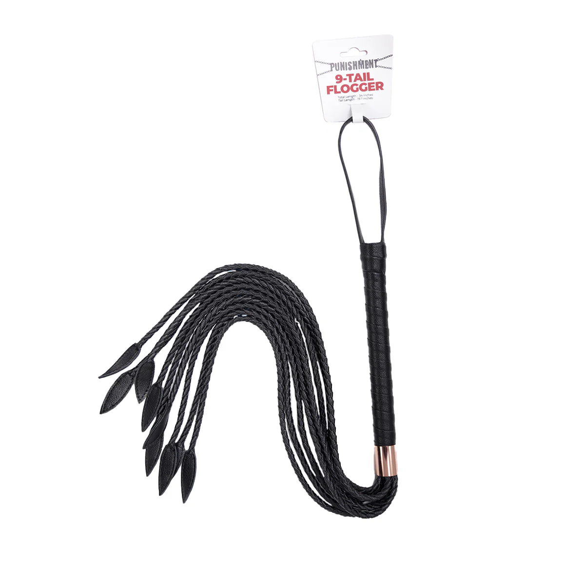 Punishment Braided 9 Tail Flogger, Product Image with Info tag