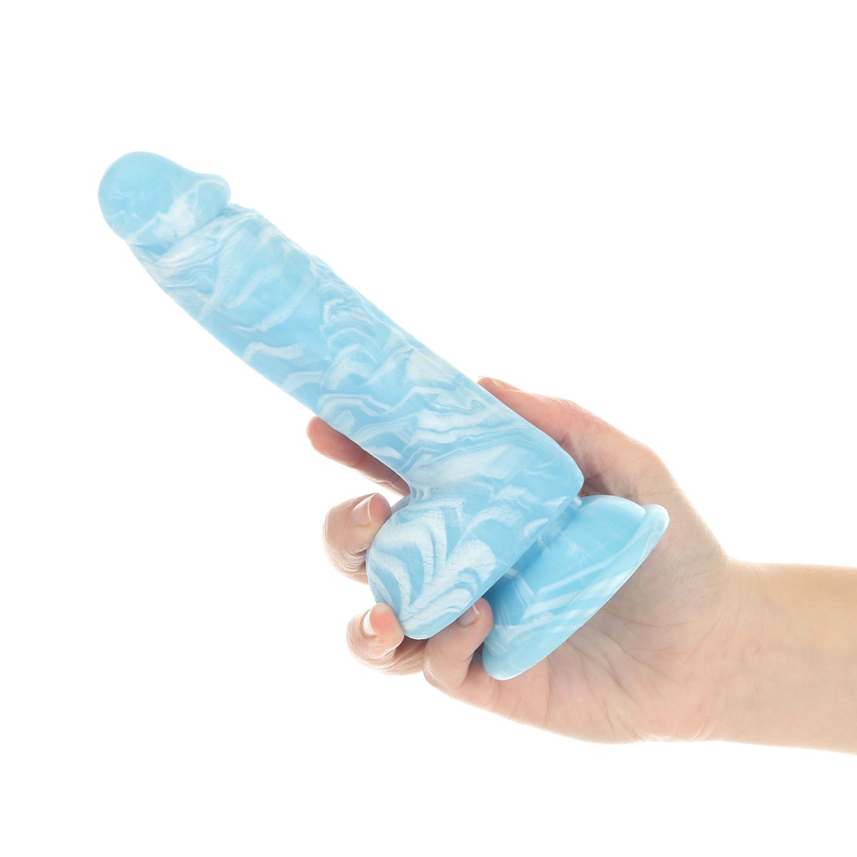 Pure Love Glow-In-The-Dark 7.5-Inch  Silicone Dildo, Blue, Dildo in Hand