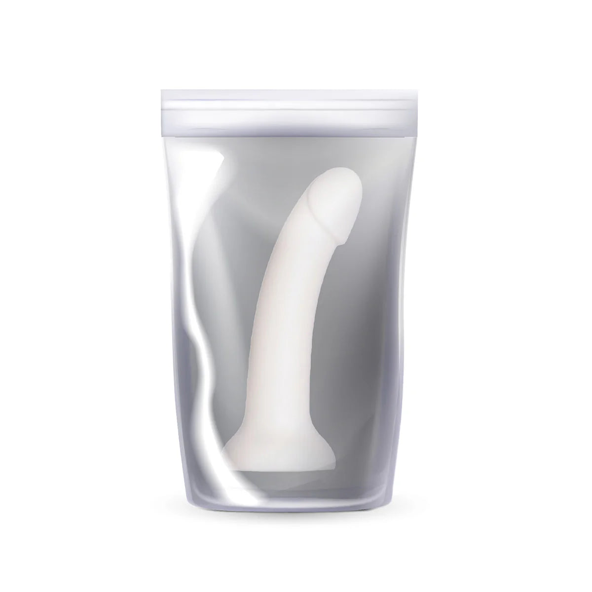 Pure Love Liquid Silicone Curved Dildo, White, Product Package, Front